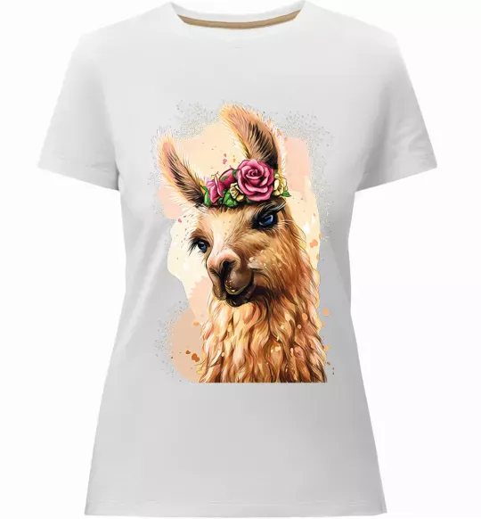 Женская премиум футболка Лама у віночку Белый фото