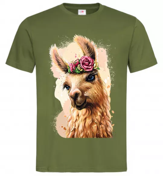 Мужская футболка Лама у віночку Оливковый фото