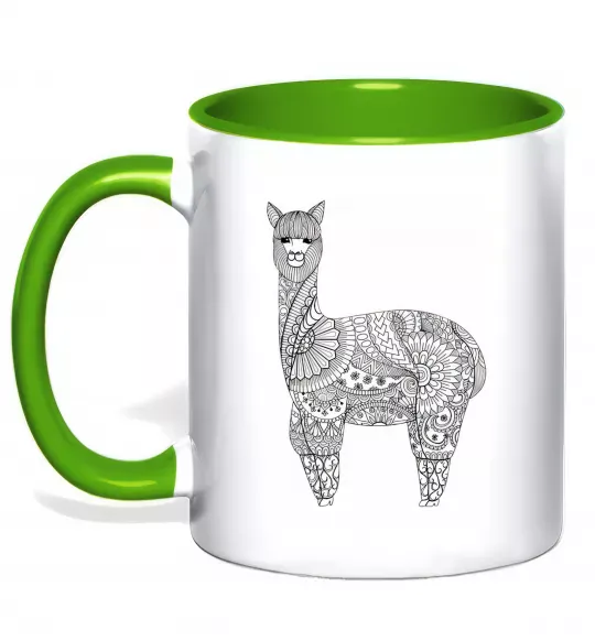 Чашка з кольоровою ручкою Лама візерунки Зелений фото