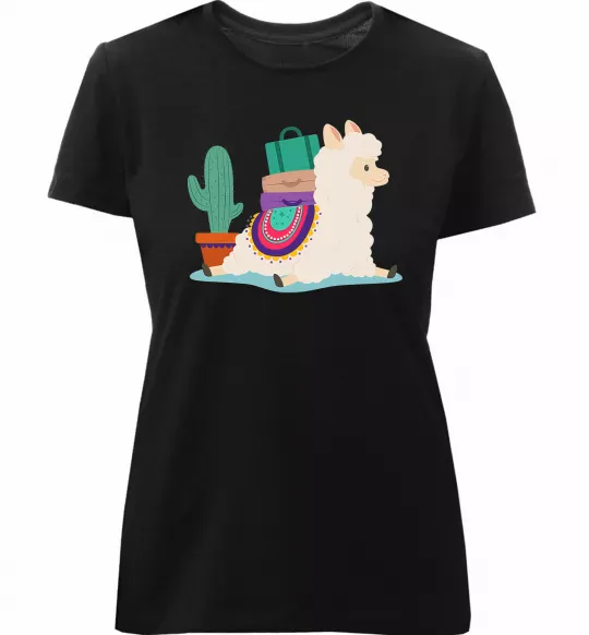 Женская премиум футболка Лама переїзд Черный фото