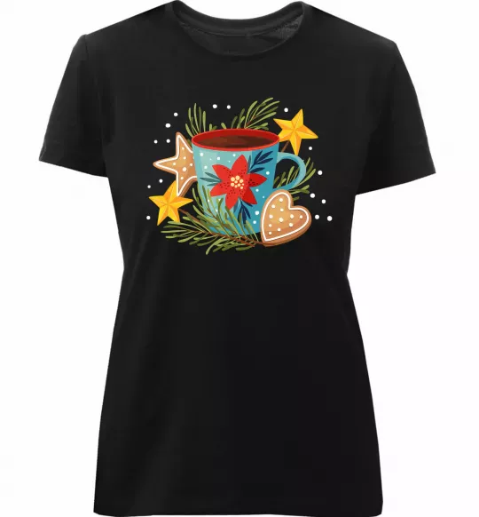 Женская премиум футболка Чашка новорічна Черный фото