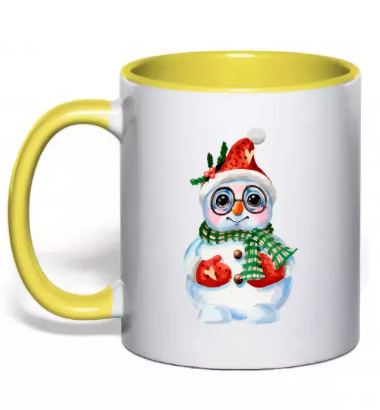 Чашка з кольоровою ручкою Сніговик в рукавичках Сонячно жовтий фото