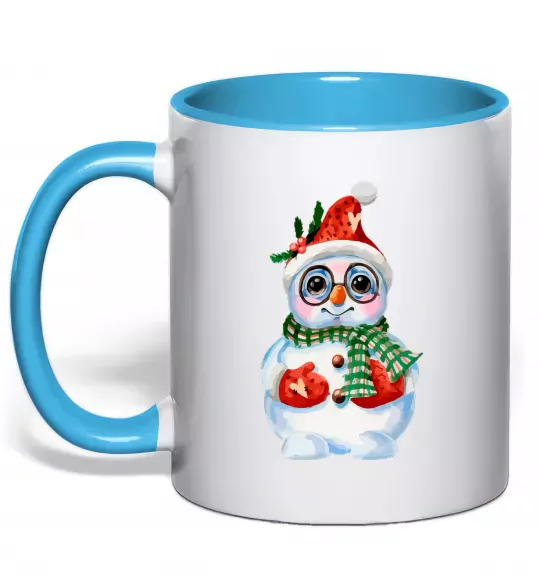Чашка з кольоровою ручкою Сніговик в рукавичках Блакитний фото