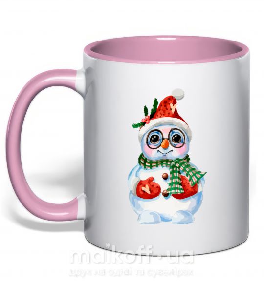 Чашка с цветной ручкой Снеговик в варежках Нежно розовый фото