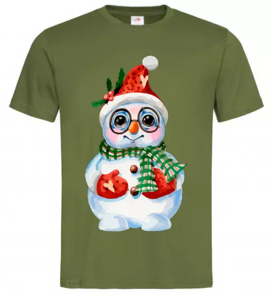 Мужская футболка Сніговик в рукавичках Оливковый фото