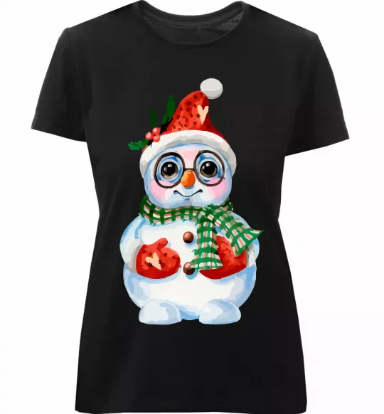 Женская премиум футболка Сніговик в рукавичках Черный фото