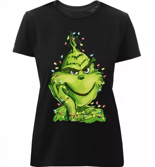 Женская премиум футболка Грінч в гірлянді Черный фото