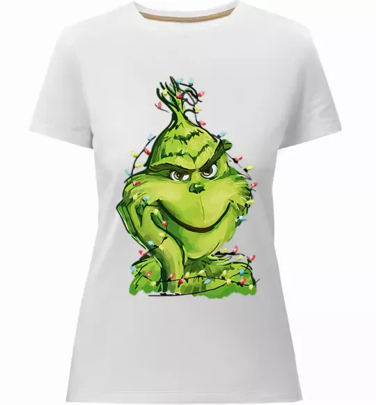 Женская премиум футболка Грінч в гірлянді Белый фото