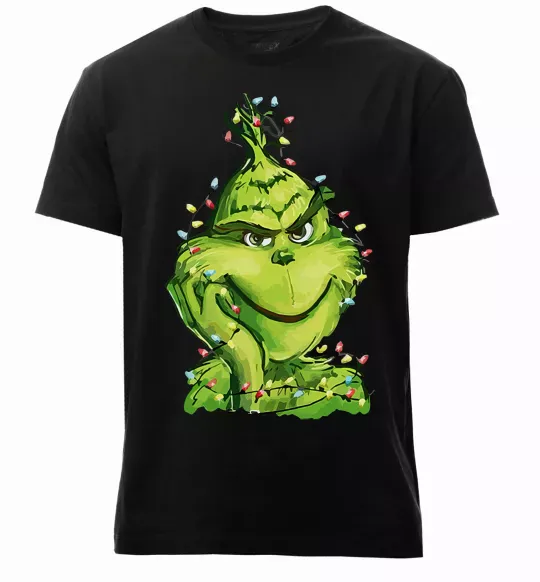 Мужская премиум футболка Грінч в гірлянді Черный фото