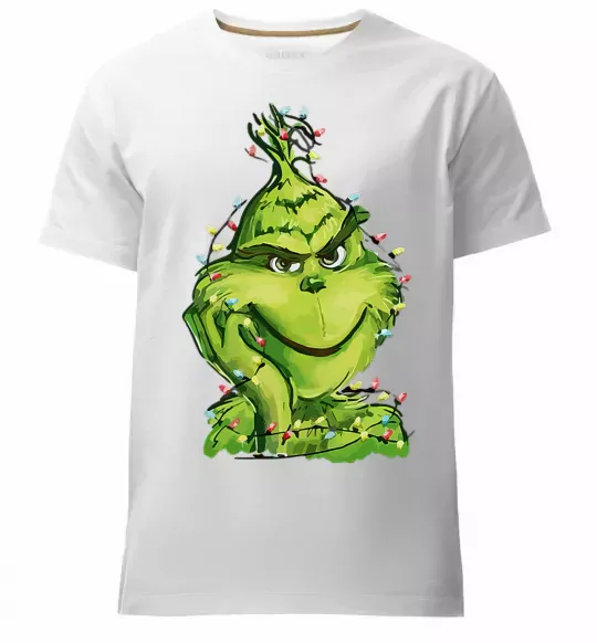 Мужская премиум футболка Грінч в гірлянді Белый фото