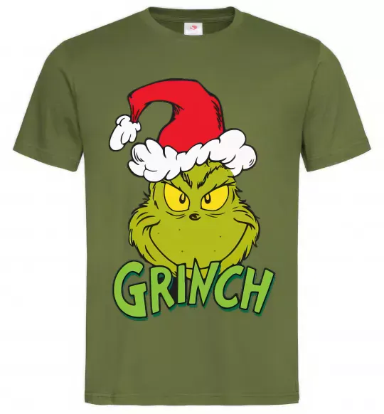 Мужская футболка Грінч в шапці діда Мороза Оливковый фото