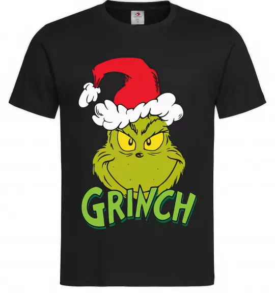 Мужская футболка Грінч в шапці діда Мороза Черный фото