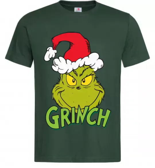 Мужская футболка Грінч в шапці діда Мороза Темно-зеленый фото