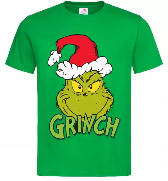 Мужская футболка Грінч в шапці діда Мороза Зеленый фото