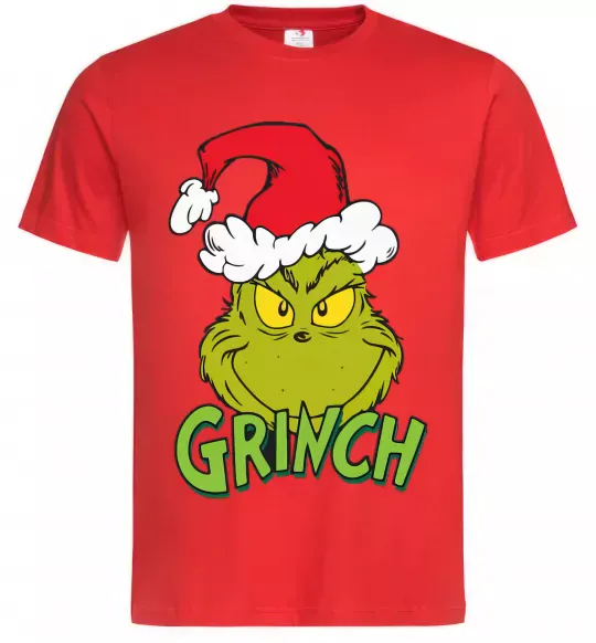 Мужская футболка Грінч в шапці діда Мороза Красный фото