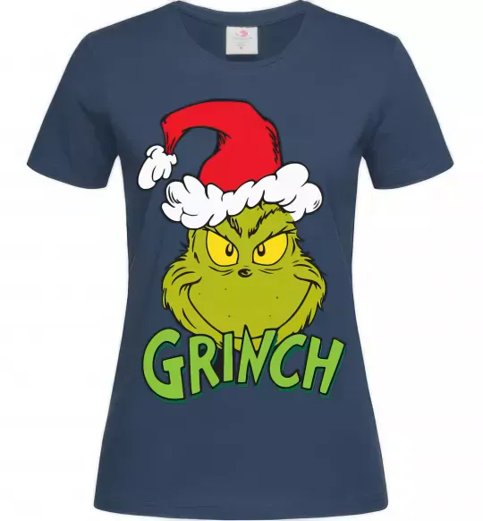 Женская футболка Грінч в шапці діда Мороза Темно-синий фото