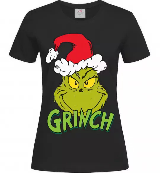 Женская футболка Грінч в шапці діда Мороза Черный фото