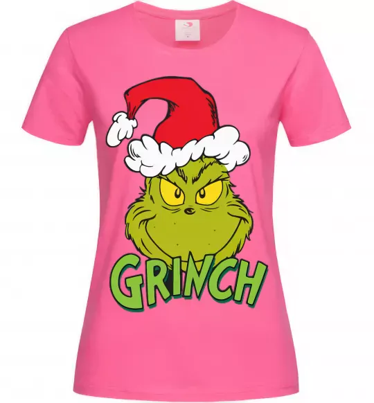 Женская футболка Грінч в шапці діда Мороза Ярко-розовый фото