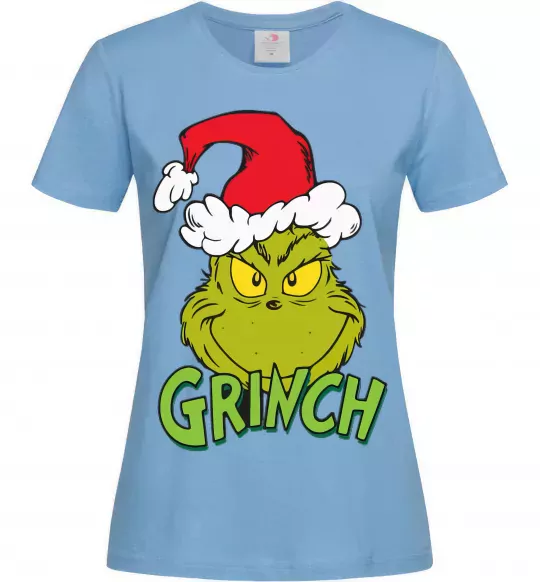 Женская футболка Грінч в шапці діда Мороза Голубой фото