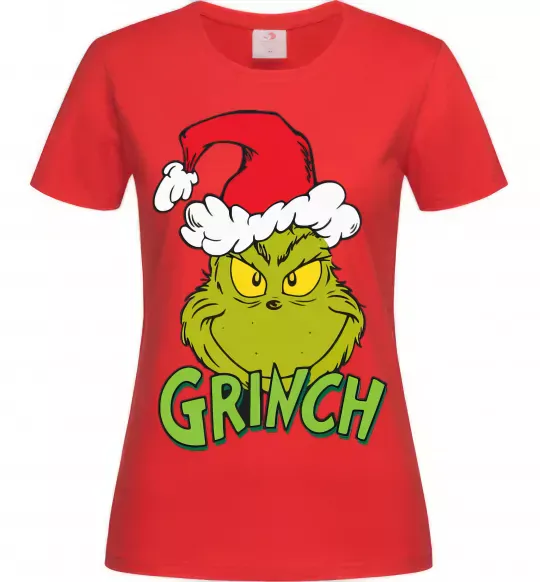 Женская футболка Грінч в шапці діда Мороза Красный фото