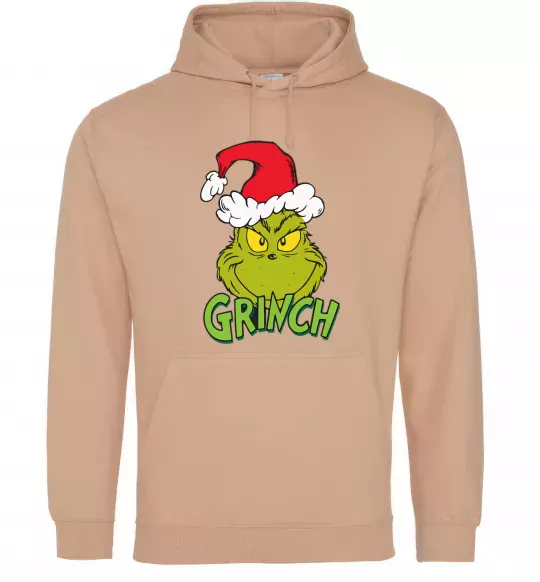 Мужская толстовка (худи) Грінч в шапці діда Мороза Песочный фото