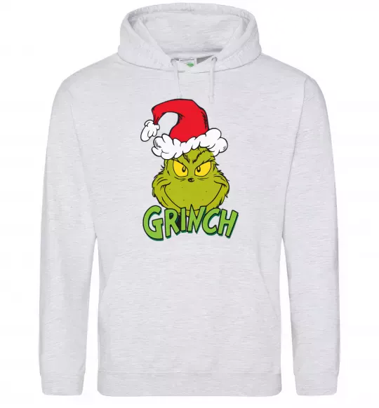 Жіноча толстовка (худі) Грінч в шапці діда Мороза Сірий меланж фото