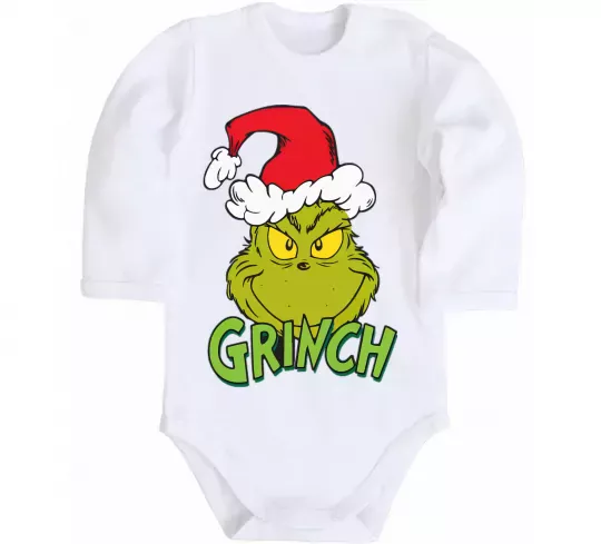 Детский боди Грінч в шапці діда Мороза Белый фото