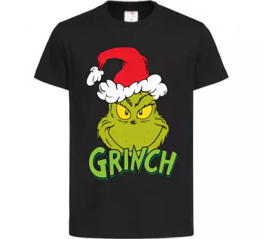 Детская футболка Грінч в шапці діда Мороза Черный фото