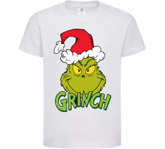 Детская футболка Грінч в шапці діда Мороза Белый фото