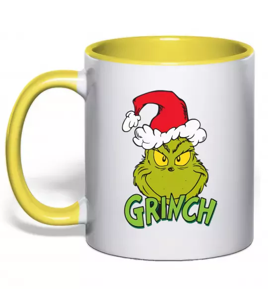 Чашка з кольоровою ручкою Грінч в шапці діда Мороза Сонячно жовтий фото