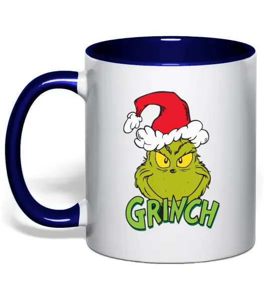 Чашка з кольоровою ручкою Грінч в шапці діда Мороза Глибокий темно-синій фото