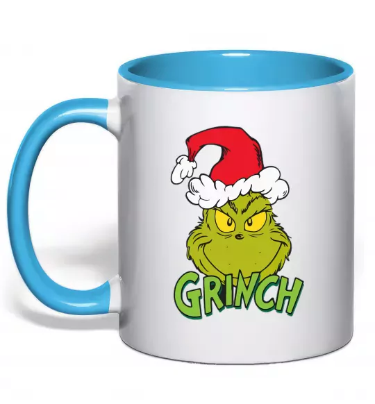 Чашка з кольоровою ручкою Грінч в шапці діда Мороза Блакитний фото