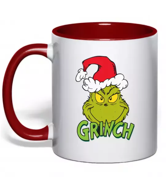 Чашка з кольоровою ручкою Грінч в шапці діда Мороза Червоний фото