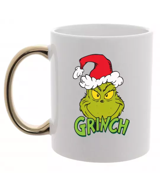 Чашка з кольоровою ручкою Грінч в шапці діда Мороза Золото фото