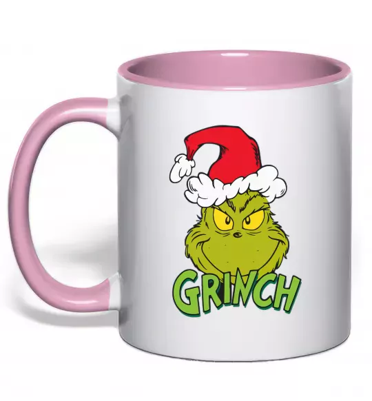 Чашка з кольоровою ручкою Грінч в шапці діда Мороза Ніжно рожевий фото