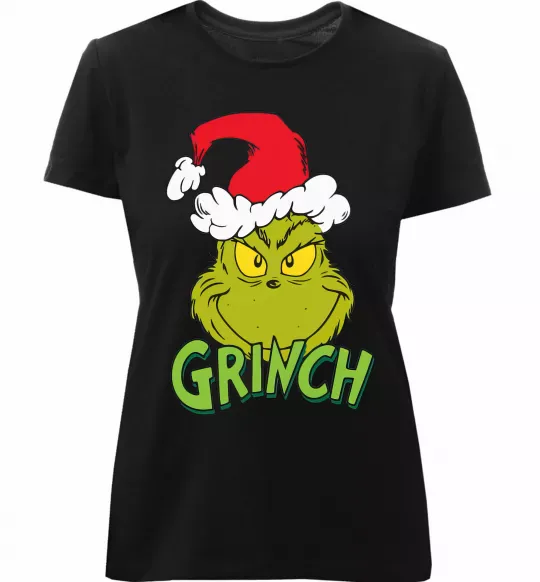 Жіноча преміум футболка Грінч в шапці діда Мороза Чорний фото