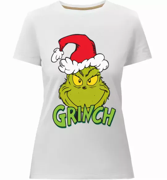 Жіноча преміум футболка Грінч в шапці діда Мороза Білий фото