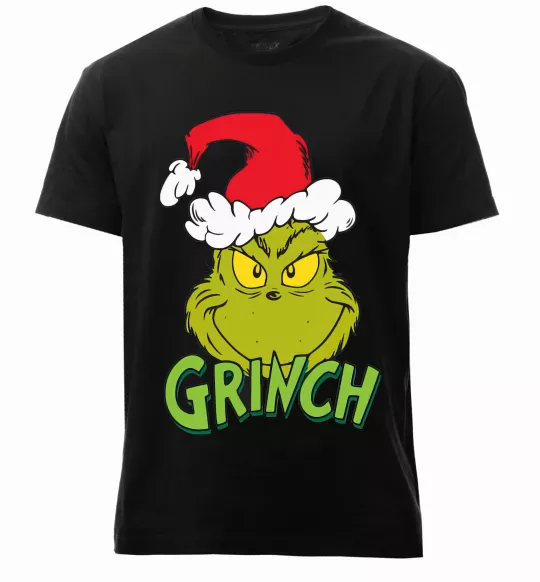 Мужская премиум футболка Грінч в шапці діда Мороза Черный фото