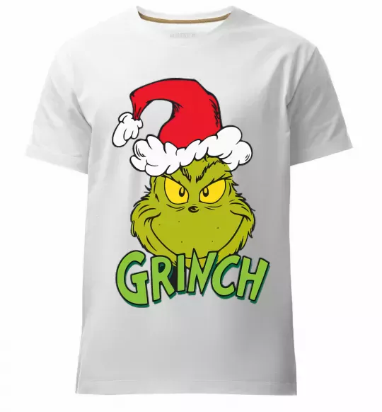 Мужская премиум футболка Грінч в шапці діда Мороза Белый фото