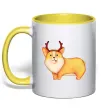 Чашка з кольоровою ручкою Коргі з ріжками Сонячно жовтий фото