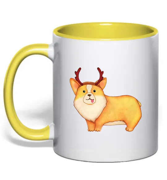 Чашка з кольоровою ручкою Коргі з ріжками Лимонний фото