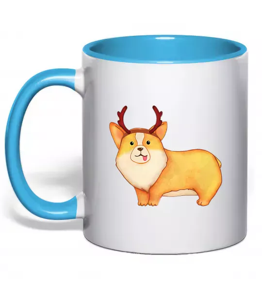 Чашка з кольоровою ручкою Коргі з ріжками Блакитний фото