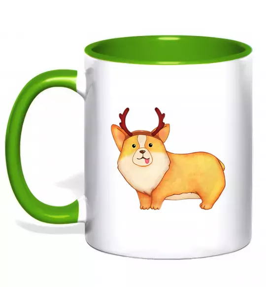 Чашка з кольоровою ручкою Коргі з ріжками Зелений фото