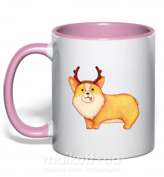 Чашка с цветной ручкой Корги с рожками Нежно розовый фото