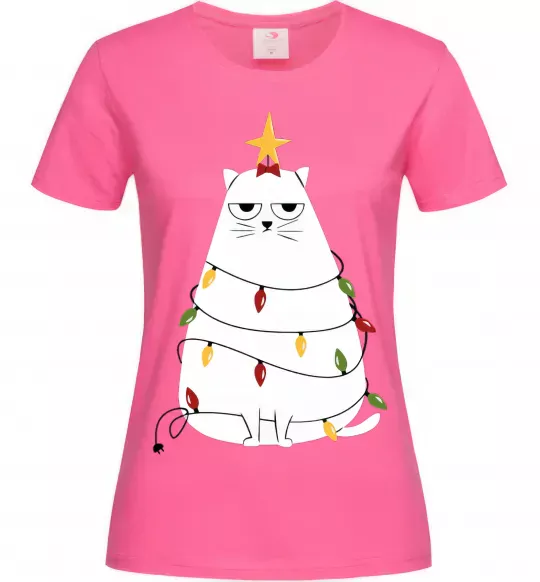Женская футболка Котик ялинка Ярко-розовый фото