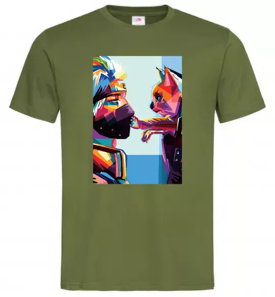 Мужская футболка Какаши Хатаке і котик Оливковый фото