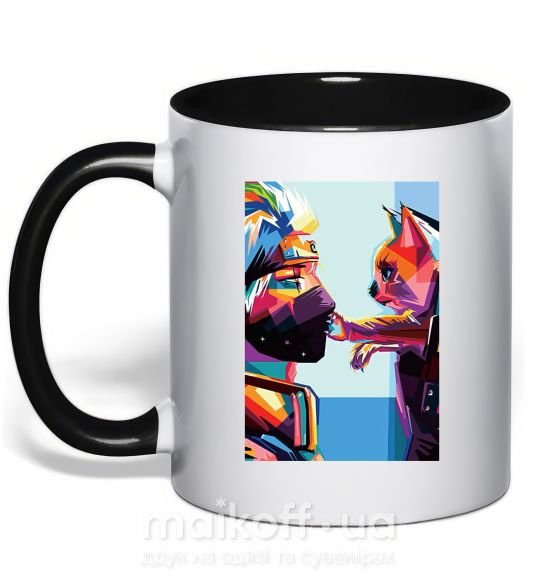 Чашка з кольоровою ручкою Какаши Хатаке и котик Чорний фото