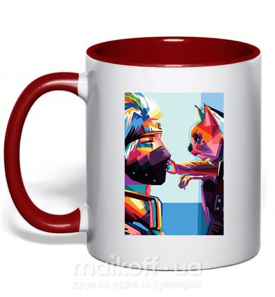 Чашка з кольоровою ручкою Какаши Хатаке и котик Червоний фото