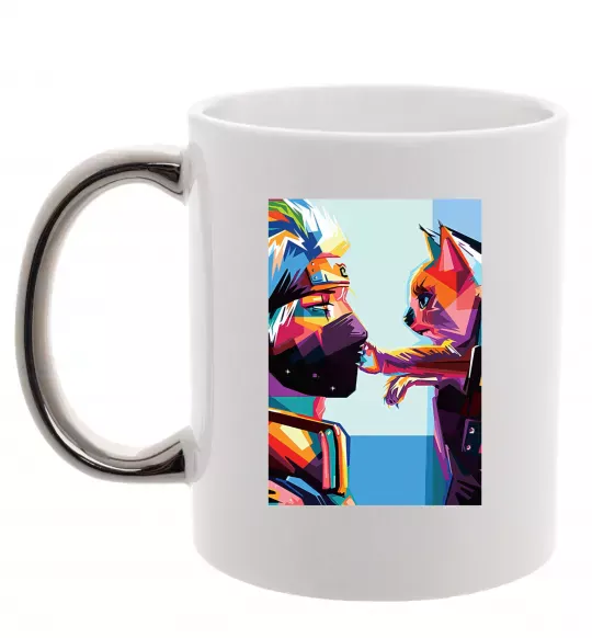 Чашка с цветной ручкой Какаши Хатаке і котик Серебро фото