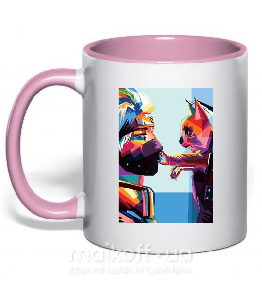Чашка с цветной ручкой Какаши Хатаке и котик Нежно розовый фото